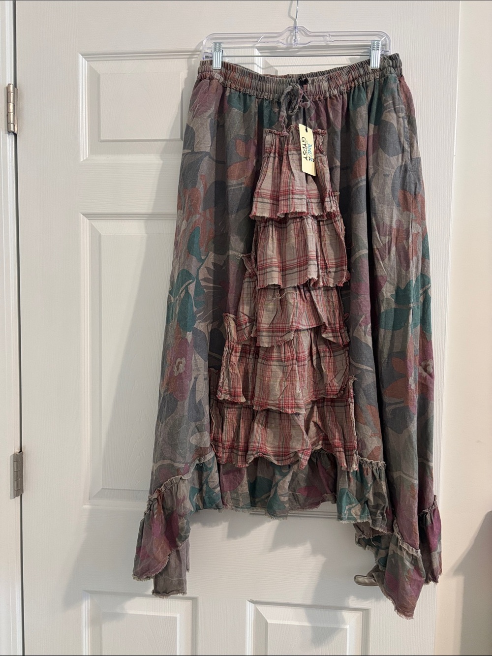 Boho Ruffled Patchwork Midi Skirt in Muted Plum & Teal
